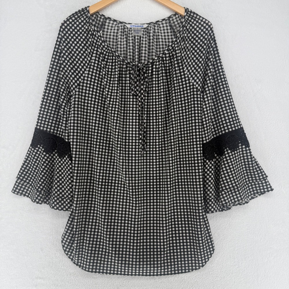 NYGARD Black White Gingham Bell Sleeve Lace Detail Tie Neck Blouse‎ Top Size M